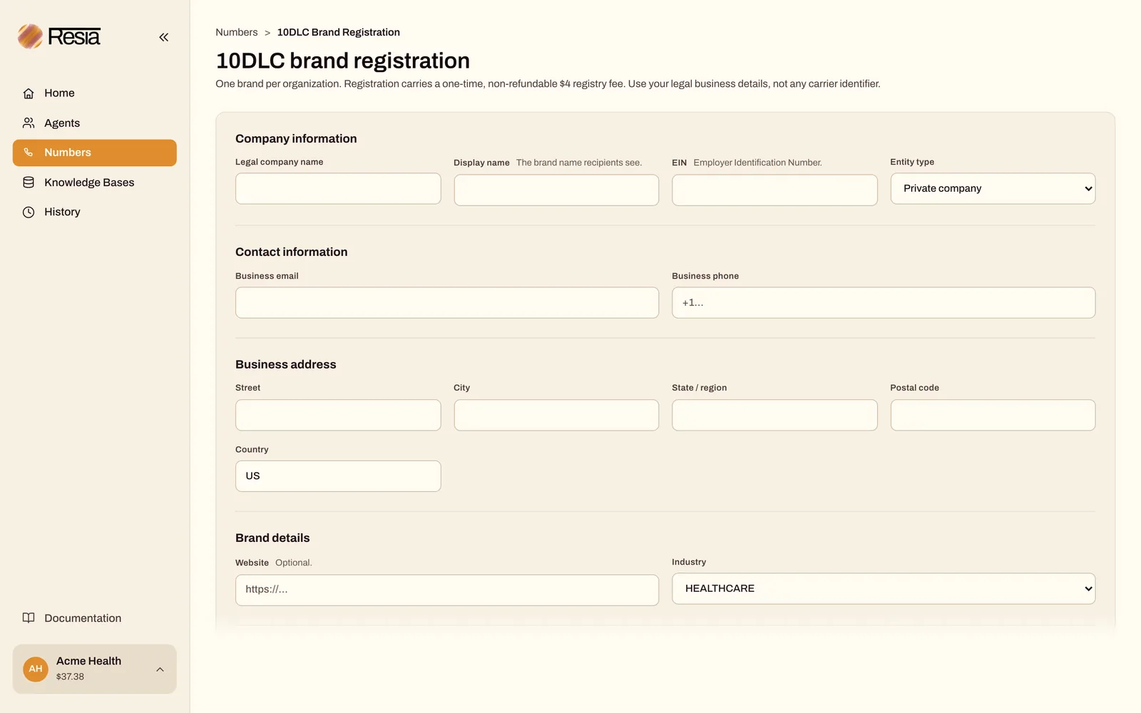 The 10DLC brand registration form in the portal, with company, contact, address, and brand fields