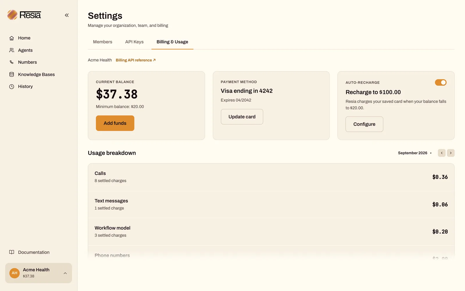 The Billing & Usage tab in the portal, with the current balance, payment method, auto-recharge, and usage breakdown