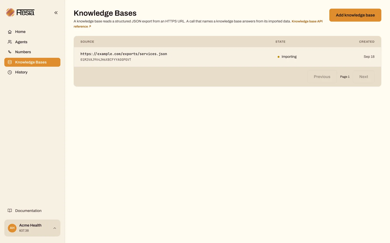 The Knowledge Bases page in the portal, with one knowledge base and its import status