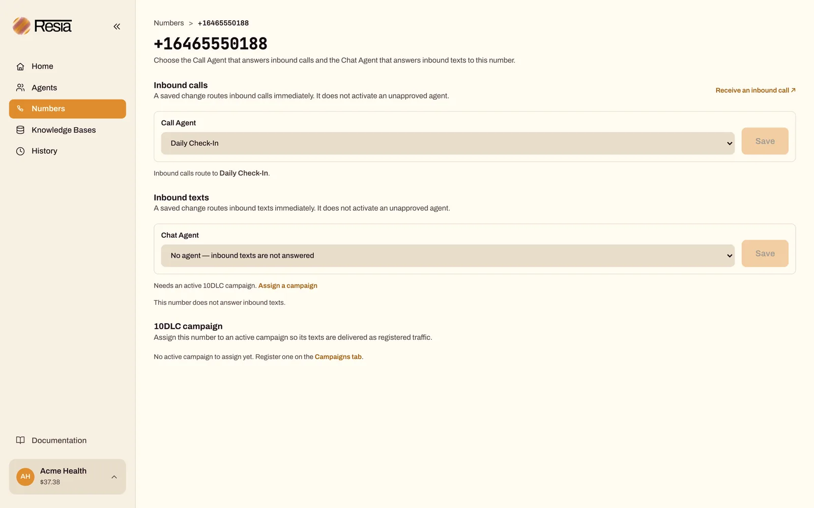 A phone number's page in the portal, with the Call Agent and Chat Agent that answer it